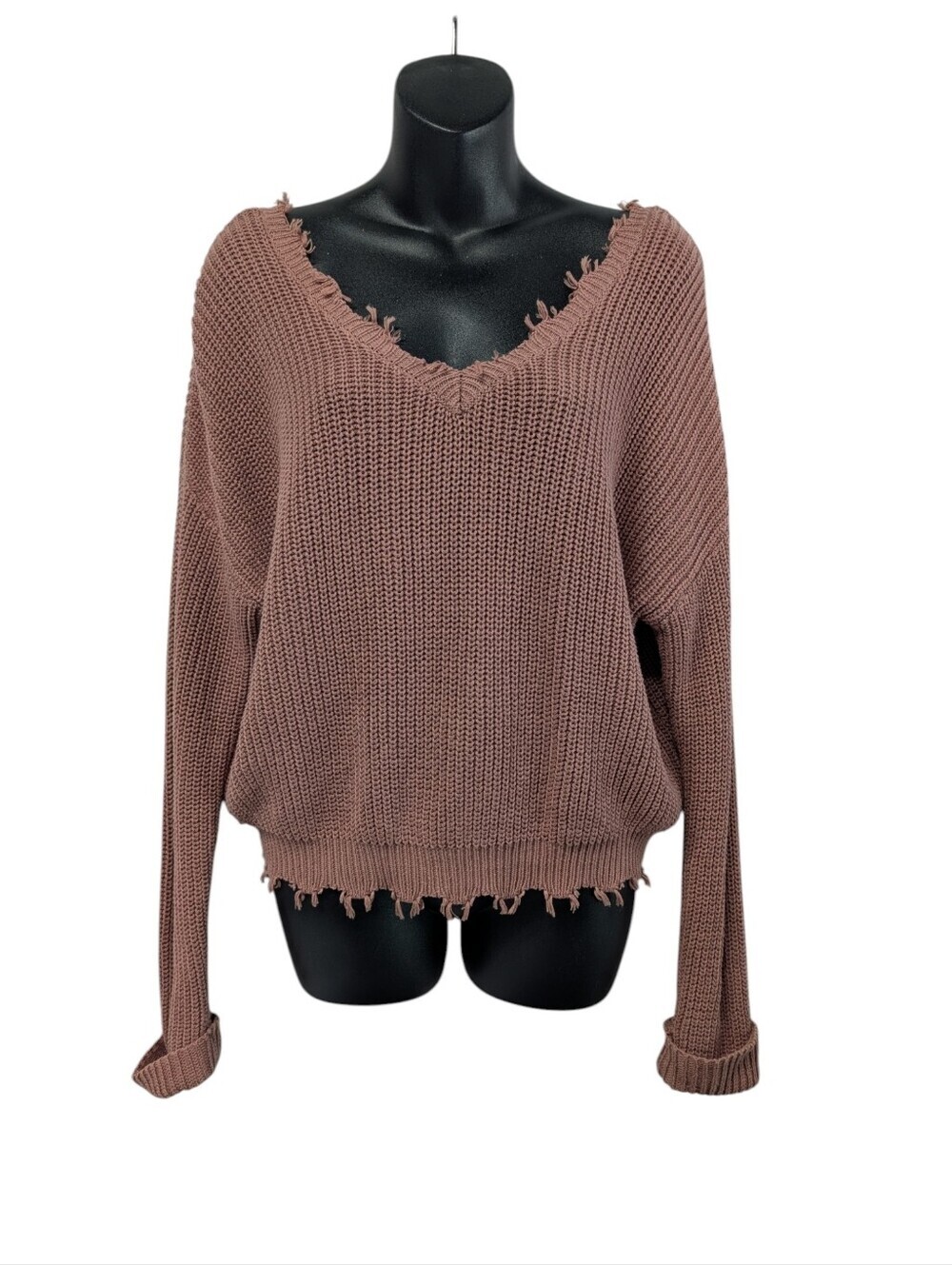 Moon & Madison Dusty Rose Distressed V-Neck Knit Sweater Size M